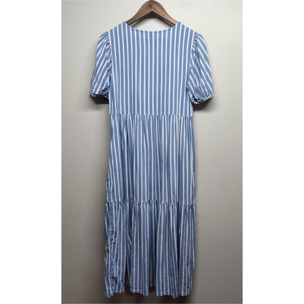 Old Navy Midi Dress Women M Blue Stripe Short Puffy Sleeve Spring Cottagecore - Picture 6 of 8